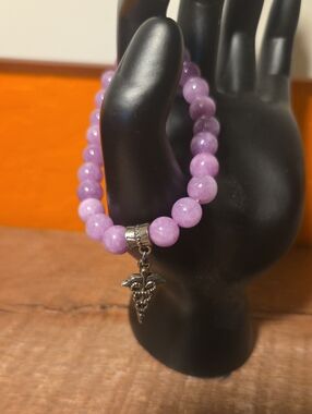 Lavender Beaded Bracelet With Medical Caduceus Symbol Charm